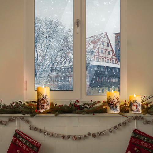 QRF Snowman Christmas Flameless Candles with Remote – Battery-Operated Fiber Optic 3D Wick