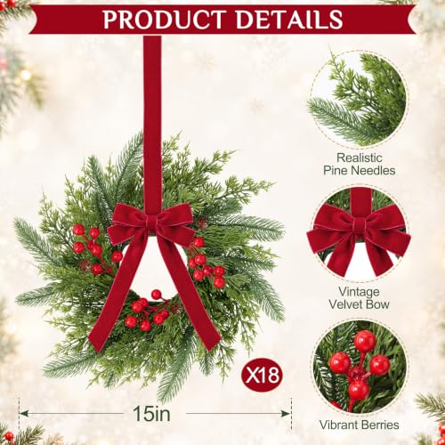 Green & Red 18 Pack 15-Inch Mini Christmas Wreaths for Cabinets with Bows