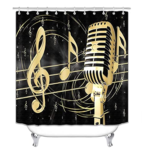 Musical Note Shower Curtain Set with Rugs & Hooks - 4 Piece Bath Decor