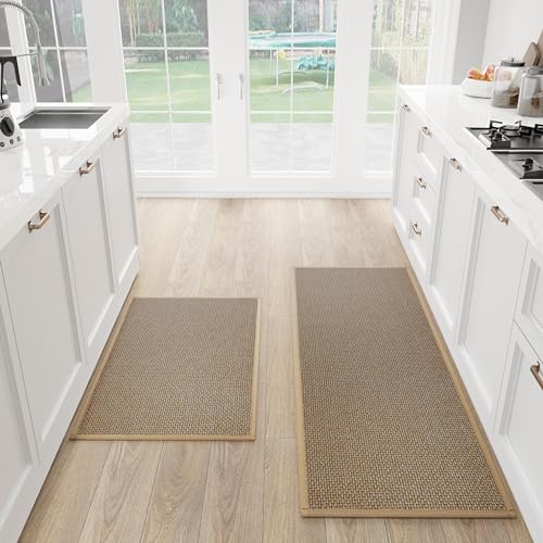 SUMLANS Brown Kitchen Mat Set of 2, 17.3x47 & 17.3x30 Inches, Non-Slip Washable Rugs
