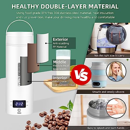 Portable Electric Travel Kettle, 450ml Stainless Steel Water Boiler