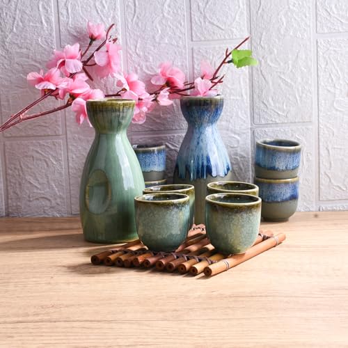 Swlthwen Green Japanese Sake Set of 5 Ceramic Pot & Cups - 300ml with 4 x 50ml Cups