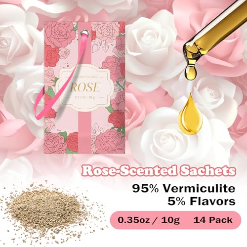 Rose Scented Sachets for Drawers and Closets - 14 Pack Long-Lasting Fragrance