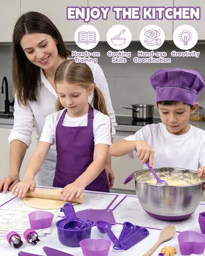 Kids Baking Set with Real Cooking Utensils and Measuring Tools Purple