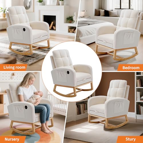Modern Nursery Rocking Chair with Glider, Footrest, and USB Port - Beige