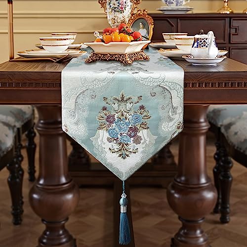HeMiaor 13x120-Inch Blue Long Embroidered Table Runner with Tassels - Luxury Retro Decor