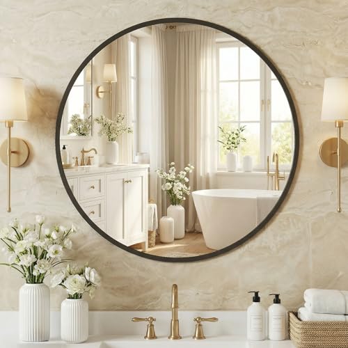 20-Inch Round Metal Wall Mirror - Shatterproof Tempered Glass Vanity Mirror
