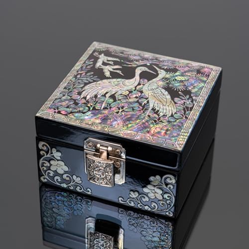 February Mountain Mother-of-Pearl Jewelry Box with Crane Variation - Handcrafted Black Lacquered Keepsake Storage, Red Velvet Interior, Gift for Women