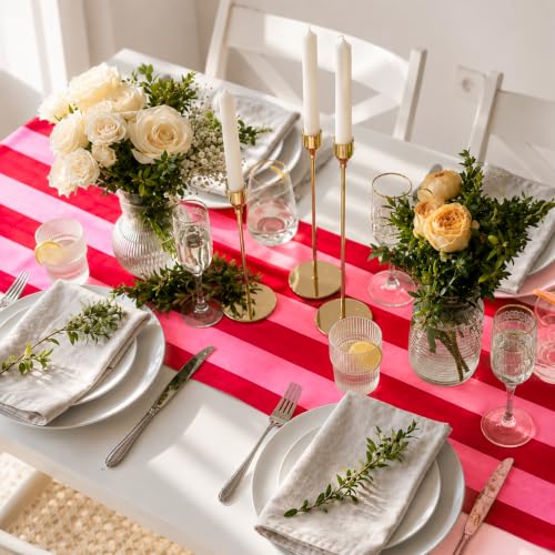 JarThenaAMCS Ruffled Table Runner Red Pink Stripes 13x118 Inch - Home Decor