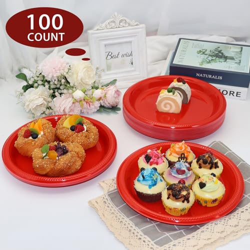 BONSINY 100 Pcs 10 Inch Red Plastic Plates – Christmas Disposable Party Dinnerware