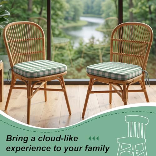 4-Pack Sage Green Checkered Dining Chair Cushions, 17x16-inch Non-Slip Pads
