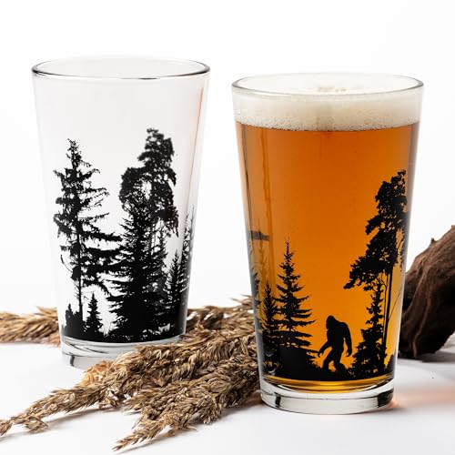 Bigfoot Pint Glass Set - 16oz Rustic Sasquatch Forest Beer Glasses (2 Pack)