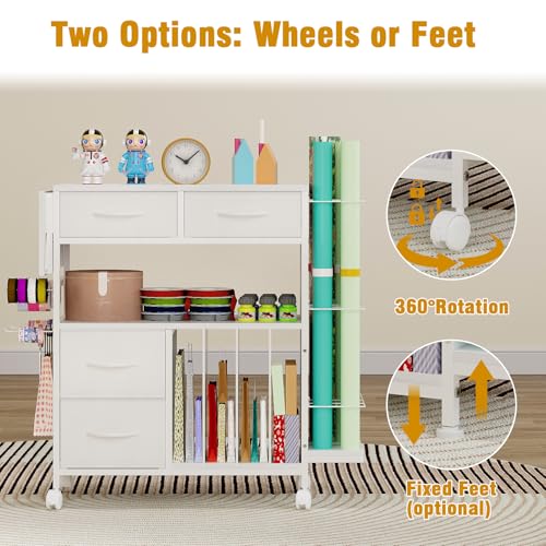 Rolling Wrapping Paper Storage Cart with Foldable Table and Drawers
