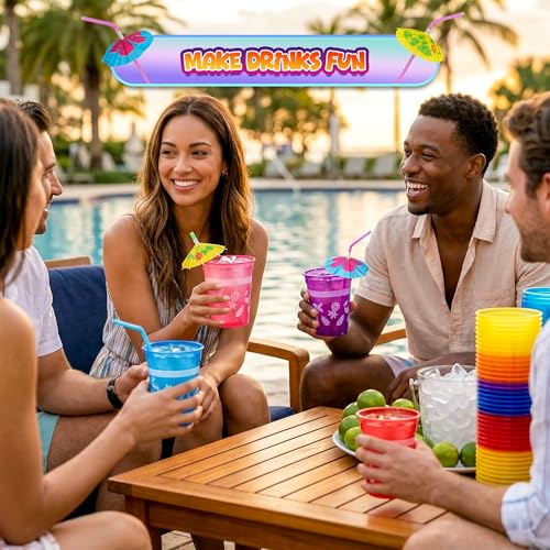 48-Pack Tropical Party Cups with Parasol Straws - 16oz Disposable Luau Drinkware