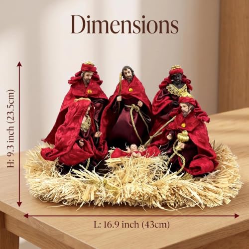 Oeihuivt Handmade Resin Nativity Scene Holy Family Christmas Decor - Red-6