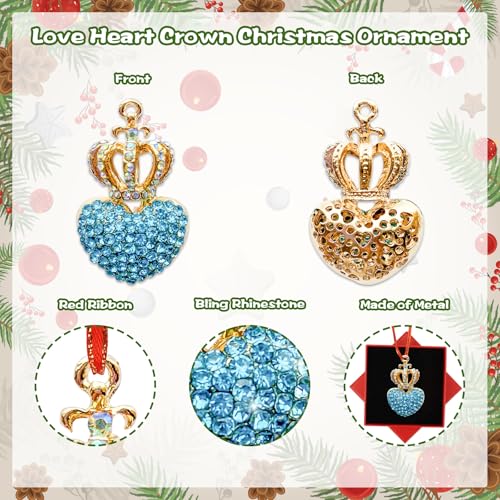 JUESMOS Blue Love Heart Crown Christmas Ornaments with Rhinestones