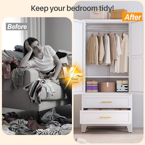 71-Inch Metal Wardrobe Closet with Mirror, 2 Drawers and Adjustable Shelves