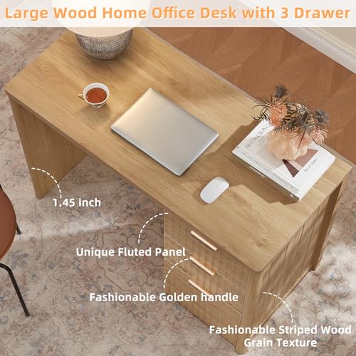48-Inch Wooden Computer Desk with 3 Storage Drawers and Fluted Details