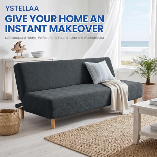 Stretch Futon Cover | Anti-Slip Armless Sofa Bed Slipcover, Dark Gray, Full Size 67-82 inches
