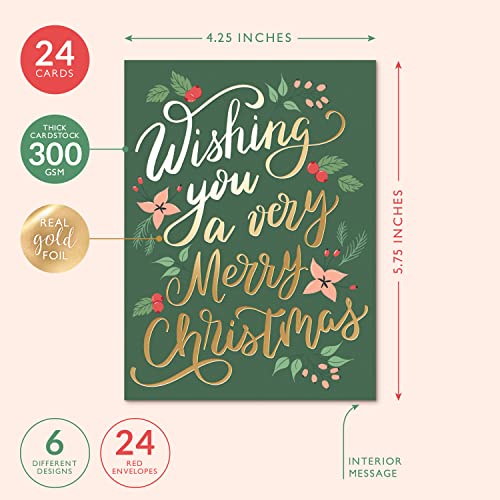 24 Gold Foil Christmas Cards Set with Red Envelopes - Holiday Greeting Cards
