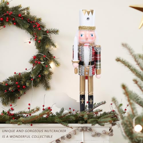 15-Inch Gold Wooden Nutcracker Soldier Figure with White Fur Cape Decor