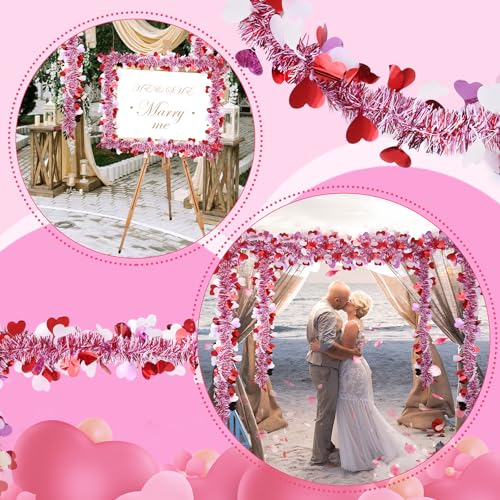 Valentine's Day Heart Tinsel Garland - 33 Ft Red Pink White Metallic Garland