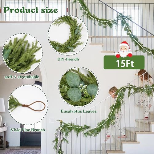 Waipfaru 15ft Norfolk Pine Garland - Realistic Artificial Christmas Wreath & Decor