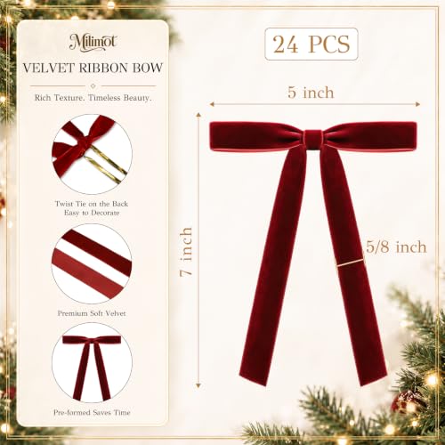 Milimot 24 Pcs Red Velvet Christmas Bows 5x7 Inch with Variation: Red / 5/8 Inch Ribbon