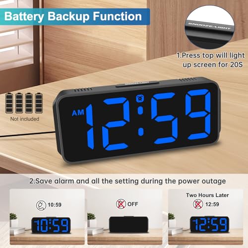 Compact Digital Alarm Clock - Plug-In LED Bedroom Clock with Battery Backup
