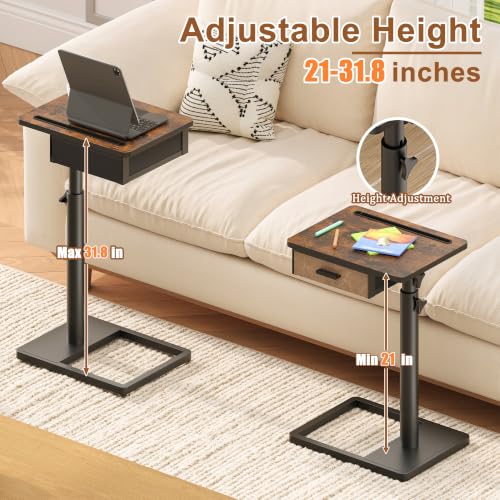 C-Shaped Height Adjustable Side Table with Drawer and Swivel Top