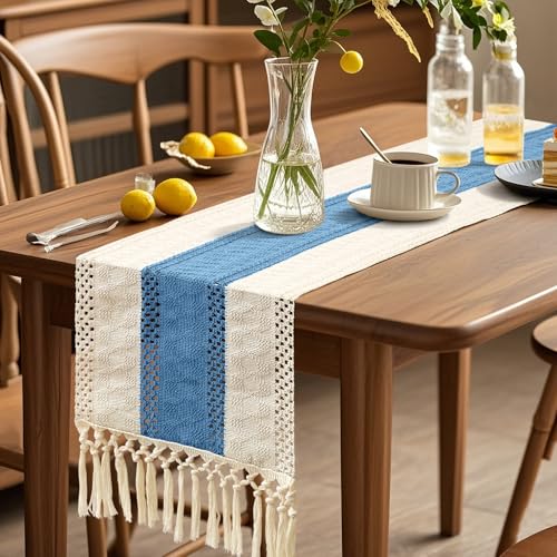 OTOSTAR Blue 12x108 Inch Boho Macrame Table Runner with Tassels – Rustic Farmhouse Home Decor