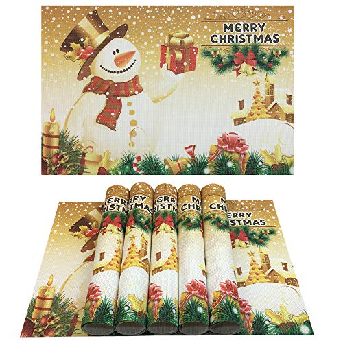 Christmas Placemats Set of 6 Non-Slip Heat-Resistant PVC Snowman Tree Decor