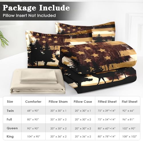 Queen Hunting Deer Comforter Set with Sheets - 7 Pieces American Flag Bedding
