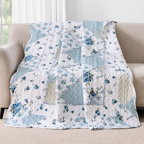 Twin Size Blue Floral Patchwork Quilt - Reversible Throw Blanket