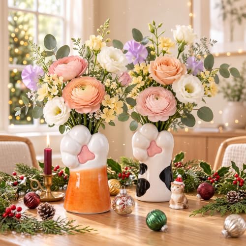 2Pcs Ceramic Cat Paw Vase Set - Cute Cat Claw Flower Holders for Home Decor