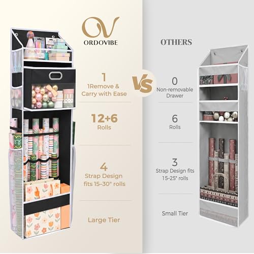 Over The Door Wrapping Paper Storage Organizer with Drawer and Mesh Pockets