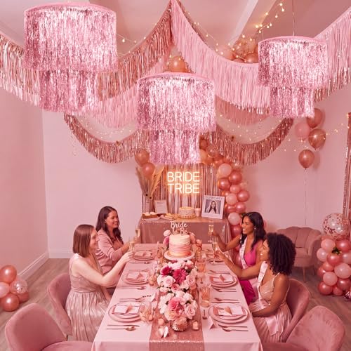 Pink Foil Fringe Tinsel Chandelier & Banner Party Decoration Set (6 Pack)