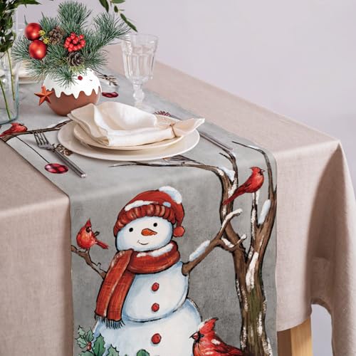 Christmas Red Bird Branch 13x72 Table Runner with Snowman – Burlap Inspired Holiday Decor