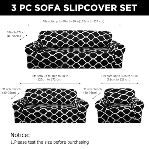 Stretch Sofa Cover Set - 3 Pcs Black Slipcovers for Sofa, Loveseat & Armchair