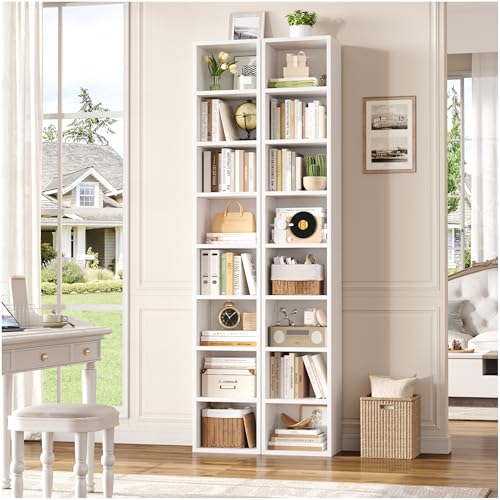 8-Tier Tall Narrow Bookshelf, White Slim Media Storage Tower with Adjustable Shelves
