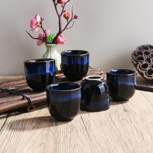Cerficer Japanese Ceramic Sake Cup Set of 4 - Small Blue & Black 2.04'' Drinking Cups, Traditional Asian Design, Handcrafted for Sipping & Sharing