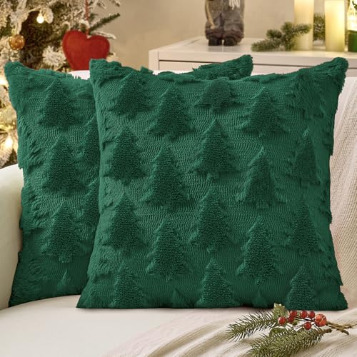 Christmas Pillow Covers 22x22 Dark Green Set of 2 Holiday Decor