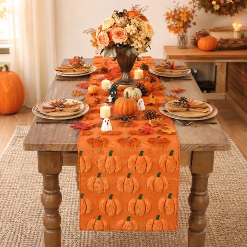 LuoluoHouse Fall Table Runner with 3D Faux Pumpkin Design, Caramel, 13x48 Inch