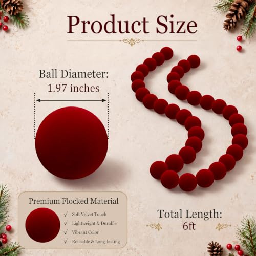 Giegxin 6 ft Burgundy Flocked Velvet Christmas Garland with Red Ornaments
