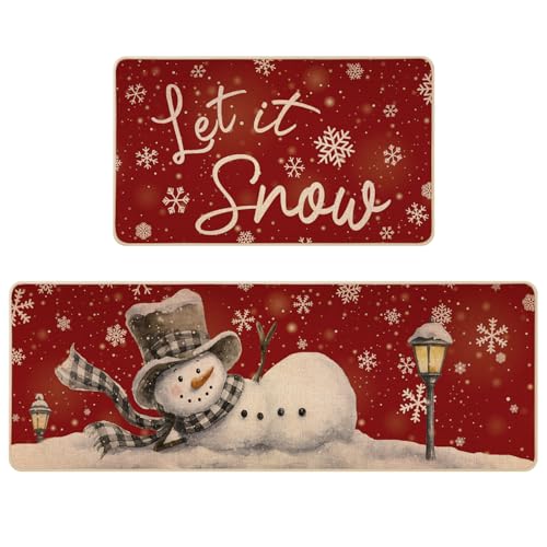 Siilues Red Christmas Kitchen Mat Set of 2, 17x29 and 17x47 Non-Slip Snowman Rugs