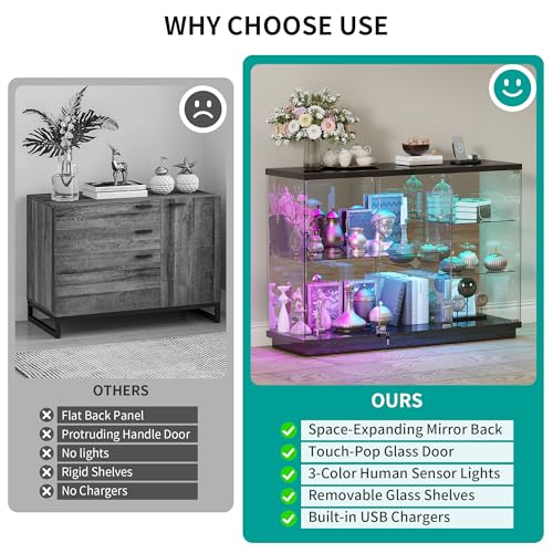 Glass Display Cabinet with RGB Lighting, Human Sensor & Lock, Black