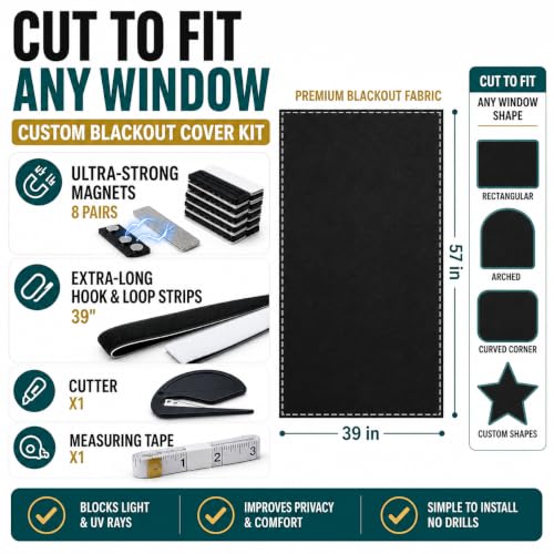 Blackout Curtains 39" x 57" - No Drill, Magnetic & Velcro Design