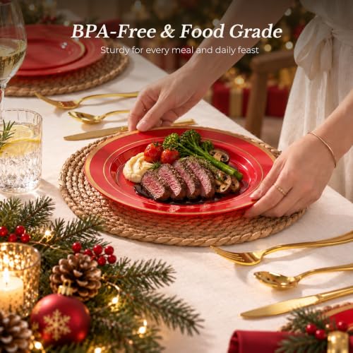 Red Plastic Dinner & Dessert Plates Set 100PCS with Gold Rim - Party Supplies