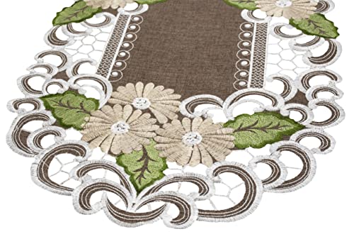 Gold Daisy Embroidered Table Runner 14x44 Inches Brown Floral Doily