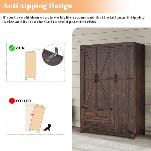 3-Door Farmhouse Wardrobe Closet with Drawers and Hanging Rod